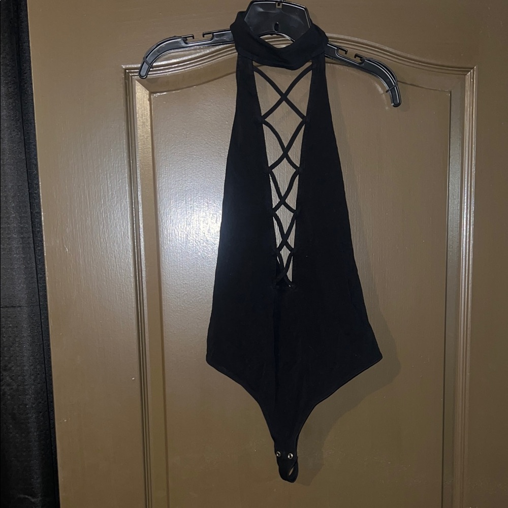 Black Halter Bodysuit with Crisscross Design and Open back